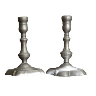 Mid 19th Century Pair of Baroque or Early Provincial Pewter Candlestick Holders For Sale