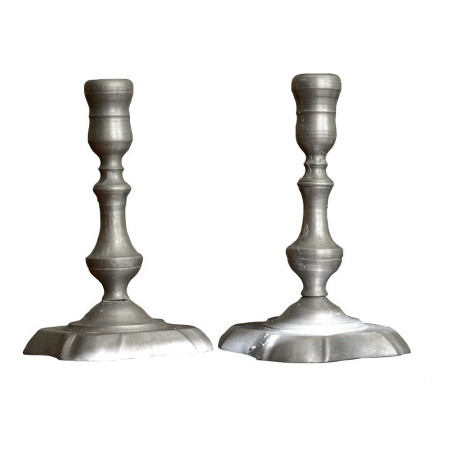Mid 19th Century Pair of Baroque or Early Provincial Pewter Candlestick Holders For Sale