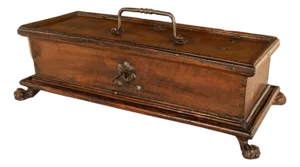 Antique Italian Baroque Walnut & Engraved Iron Jewelry Strong Box Cassone 1600