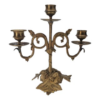 Art Nouveau Gilt Metal Three Light Candelabrum With Leaf and Vine Base 8.5" For Sale