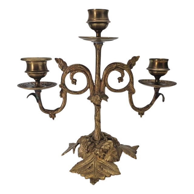 Art Nouveau Gilt Metal Three Light Candelabrum With Leaf and Vine Base 8.5" For Sale