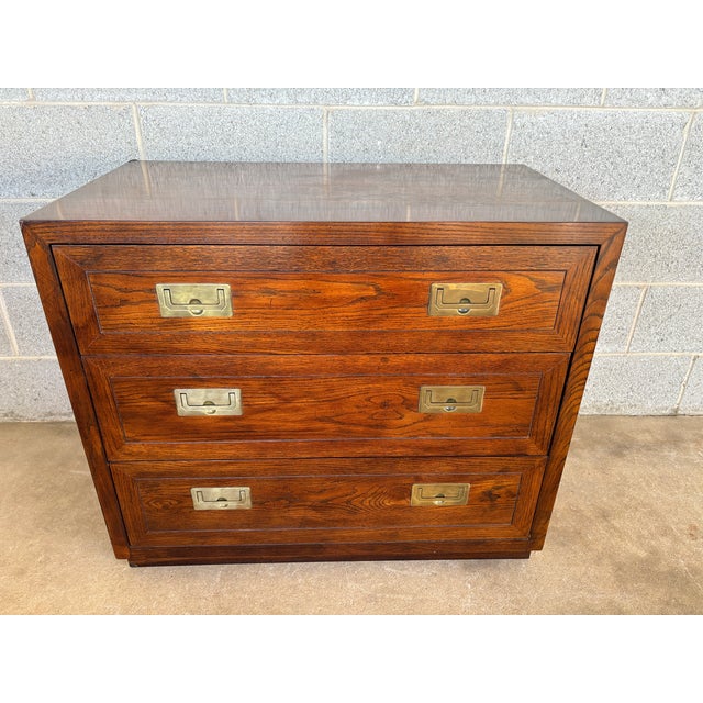 Description: Henredon Scene One Campaign Style 3 Drawer Walnut Bachelor Chest. Normal Age Wear, such as light scuffs from...