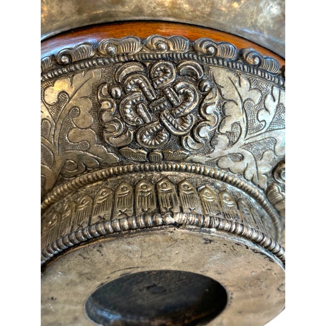 Antique Tibetan Silver & Wood Jha Pho Tsampa Bowl – Buddhist Auspicious Decor For Sale - Image 13 of 15