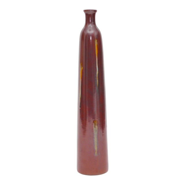 Vintage 18" Tall Lava Glaze Studio Pottery Vase - Marked and Numbered For Sale