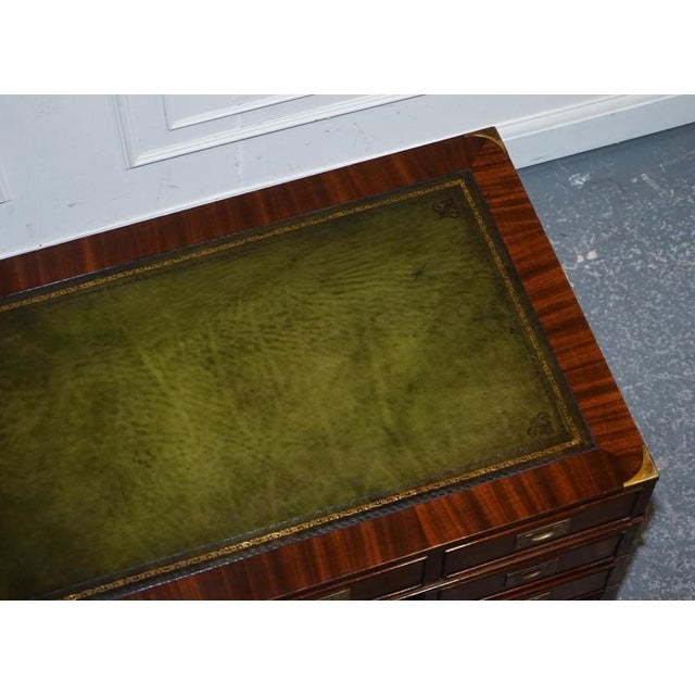 Fine Military Campaign Twin Pedestal Desk with Green Leather Top For Sale - Image 12 of 18