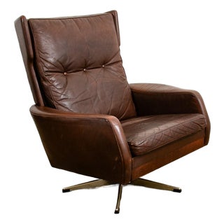 1970s Mid Century Modern Danish Lounge Chair Wingback Brown Leather High Back Armchair For Sale
