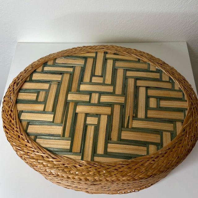 Mid 20th Century Mid 20th Century Vintage Handwoven Rattan & Bamboo Basket With Parquet Base and Green Accent For Sale - Image 5 of 10