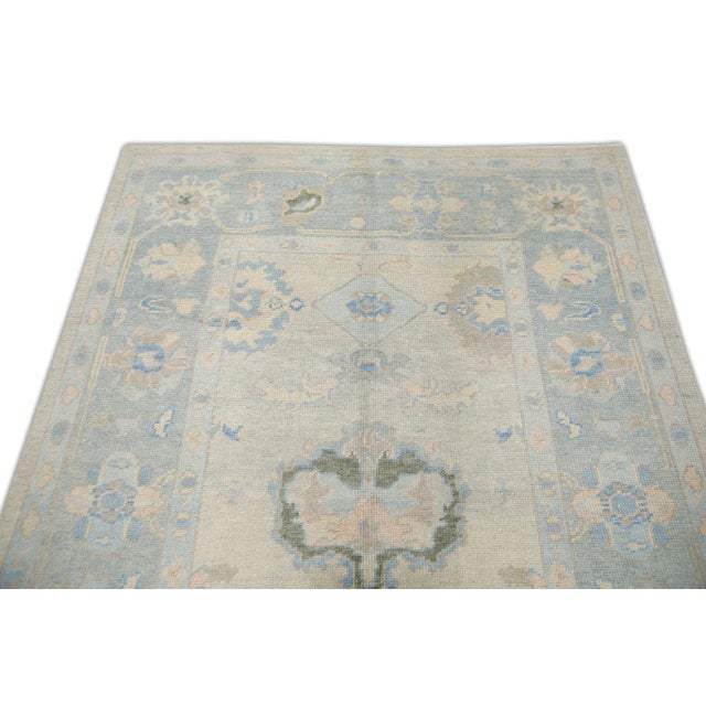Blue and Pink Floral Handwoven Wool Turkish Oushak Rug 5'1" X 7'2" For Sale - Image 4 of 7