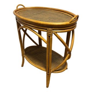 Vintage Rattan Bamboo Two-Tier Oval Serving Table With Removable Tray Top For Sale