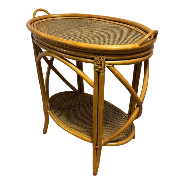 Vintage Rattan Bamboo Two-Tier Oval Serving Table With Removable Tray Top For Sale