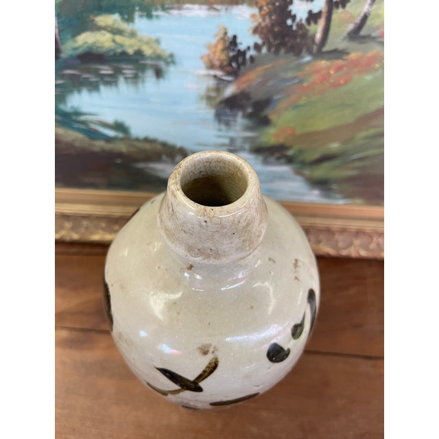 Cream Japanese Shigaraki Stoneware Sake Bottle With Calligraphy For Sale - Image 8 of 10