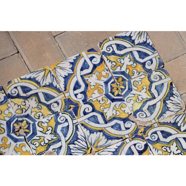17th Century Portuguese Antique Tiles Set of 40 Blue, Yellow & White Geometric Floral For Sale - Image 10 of 18