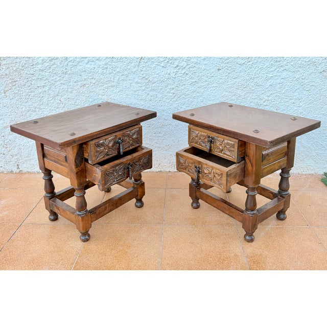 Wood Pair of Spanish Carved Wood Bedside Tables With Floral Drawers, Mid-20th Century For Sale - Image 7 of 9