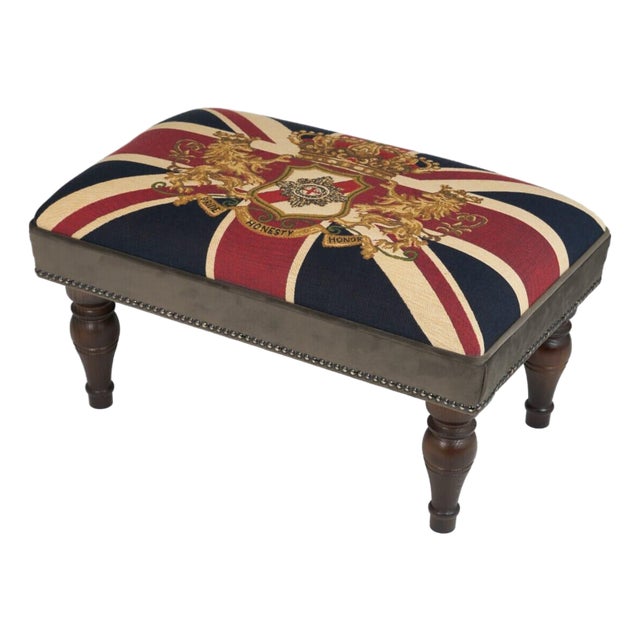 Union Jack Crest Upholstered Stool With Velvet Sides For Sale