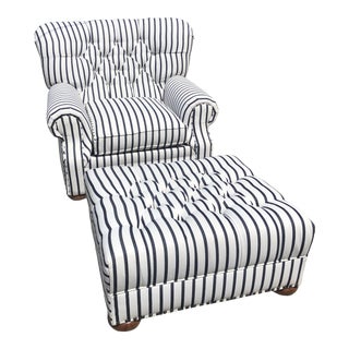 Contemporary Ralph Lauren Style Striped Sunbrella Upholstered Tufted Library Chair and Ottoman - 2 Pieces For Sale