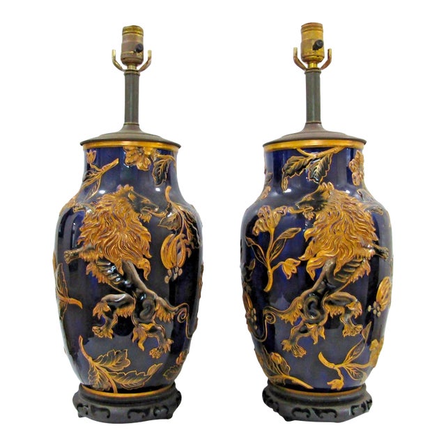 Late 19th Century Keller & Guerin French Porcelain Vase With Lion Rampant Table Lamps - a Pair For Sale