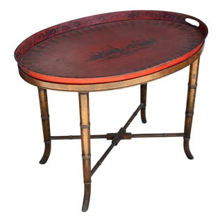 Antique Red Tole Tray Side Table on Mahogany Fan Bamboo Stand For Sale