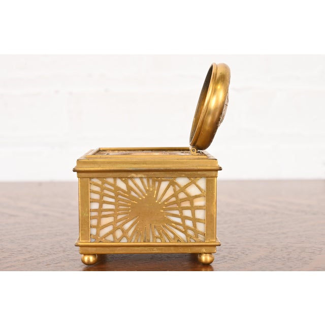 Bronze Tiffany Studios New York Pine Needle Bronze Doré and Favrile Slag Glass Inkwell For Sale - Image 8 of 12