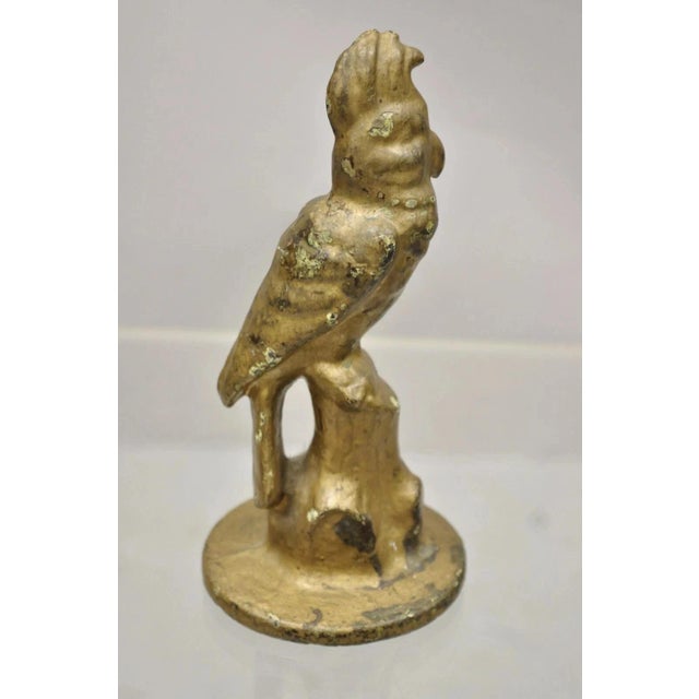 Early 20th Century Antique Art Deco Cast Iron Gold Painted 7" Cockatoo Parrot Figurine Doorstop For Sale - Image 5 of 9