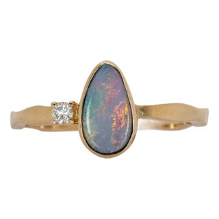 Australian Boulder Opal Ring With a Diamond Accent in Solid 14k Yellow Gold, Size 6.75 For Sale