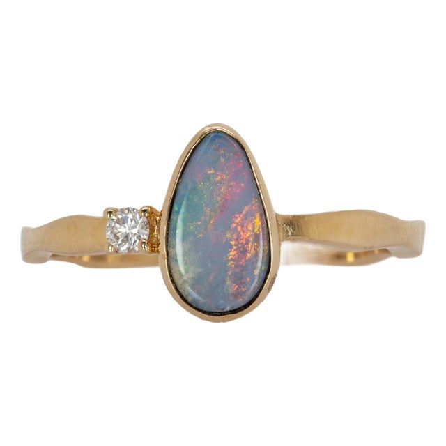 Australian Boulder Opal Ring With a Diamond Accent in Solid 14k Yellow Gold, Size 6.75 For Sale