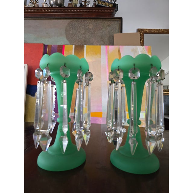 Baccarat Pair of Antique Baccarat Style Lusters Jade Opaline For Sale - Image 4 of 7