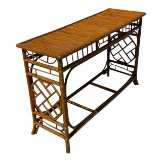 1970s Vintage Rattan Bamboo Chinese Chippendale Console With Asian Symbols Chinoiserie For Sale