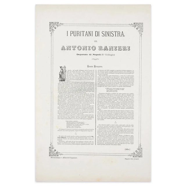 Antonio ranieri is an original artwork realized in 1872 by antonio manganaro. Original colored lithograph. Good...