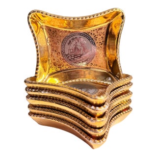 Vintage Le Mieux 24kt Gold and Platinum Hand-Decorated Trinket Dishes, Pastoral Scene, Set of 6 For Sale