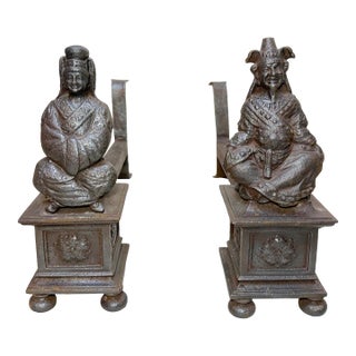 Antique Pair 19th Century Chinese Emperor & Empress Cast Iron Fireplace Andirons For Sale