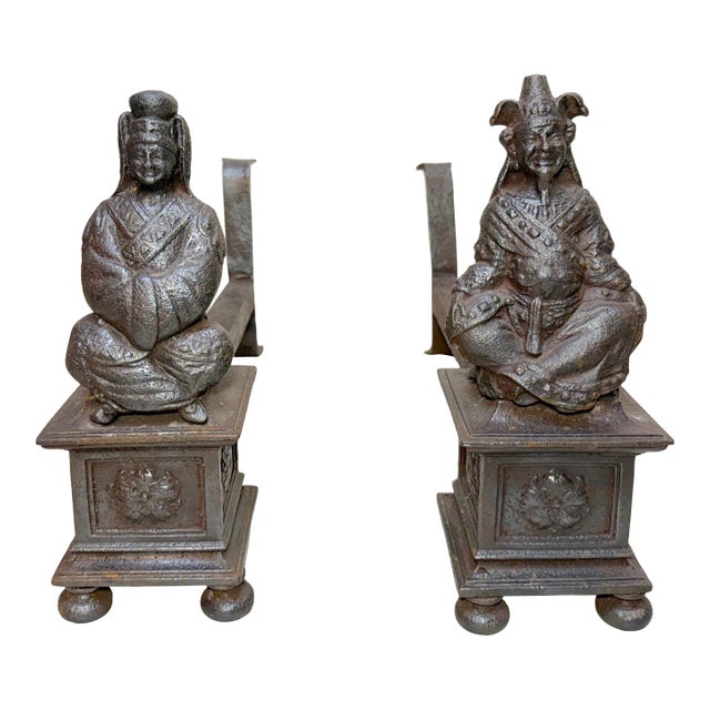 Antique Pair 19th Century Chinese Emperor & Empress Cast Iron Fireplace Andirons For Sale