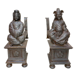 Antique Pair 19th Century Chinese Emperor & Empress Cast Iron Fireplace Andirons