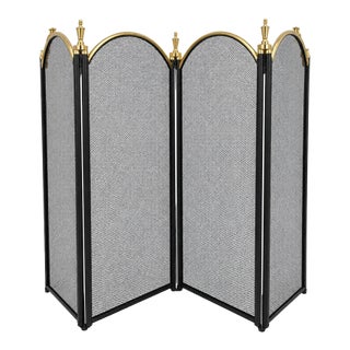 Vintage Fireplace Screen Black Mesh Folding Grate Brass Accents 4 Panel For Sale