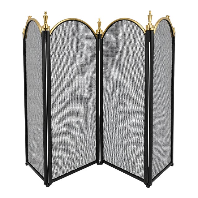 Vintage Fireplace Screen Black Mesh Folding Grate Brass Accents 4 Panel For Sale