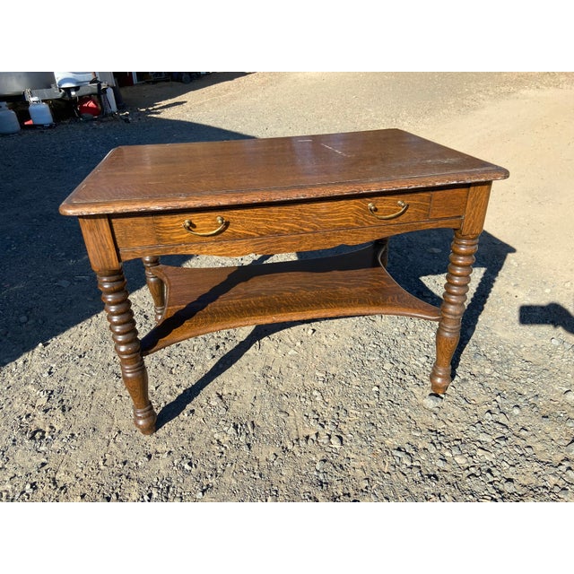 Antique Oak Arts and Crafts Mission Library Table Wirh Twisted Legs Needs Restoration For Sale - Image 11 of 18