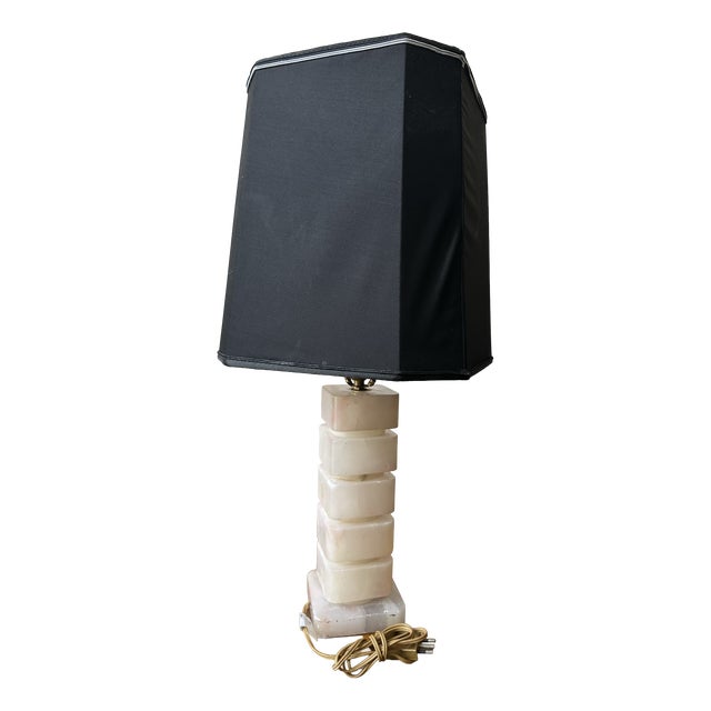 Vintage Table Lamp in Alabaster with Black Lampshade, 1960s For Sale
