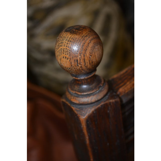 Wood 1930s Vintage English Oak Barley Twist Extending Pub Table & 4 Dining Chairs Set W/ Wine Upholstery - Set of 5 For Sale - Image 7 of 18