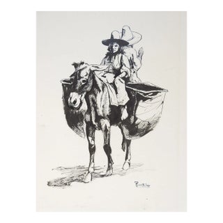 Vintage Illustration Children Riding Donkey Drawing For Sale
