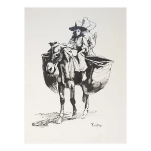Vintage Illustration Children Riding Donkey Drawing