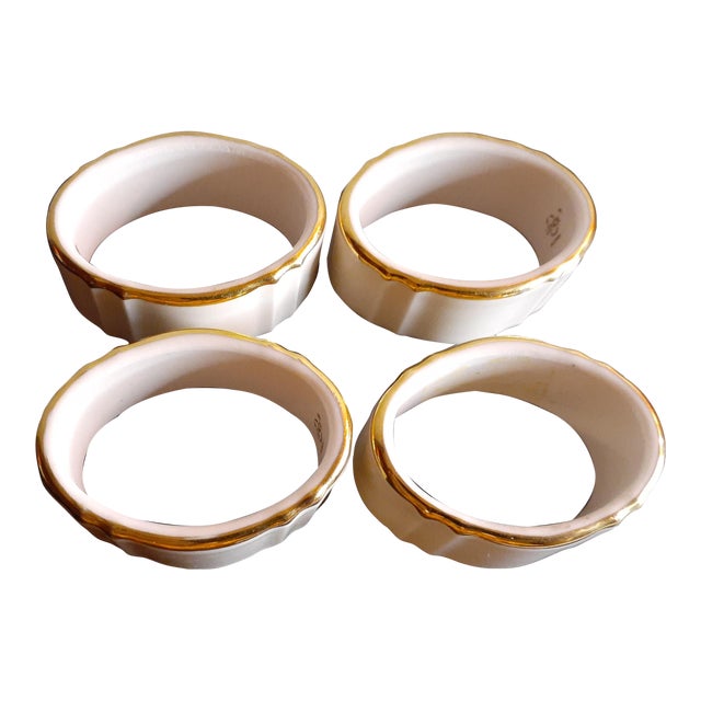 1960s Lenox Usa Fine Porcelain Gilded Beige Napkin Rings- Set of 4 For Sale