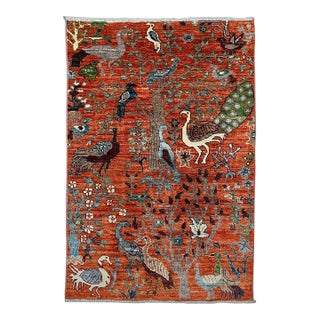 Pictorial Peacock Tree of Life Natural Dye Wool Rug, 2'9" X 4'2" For Sale