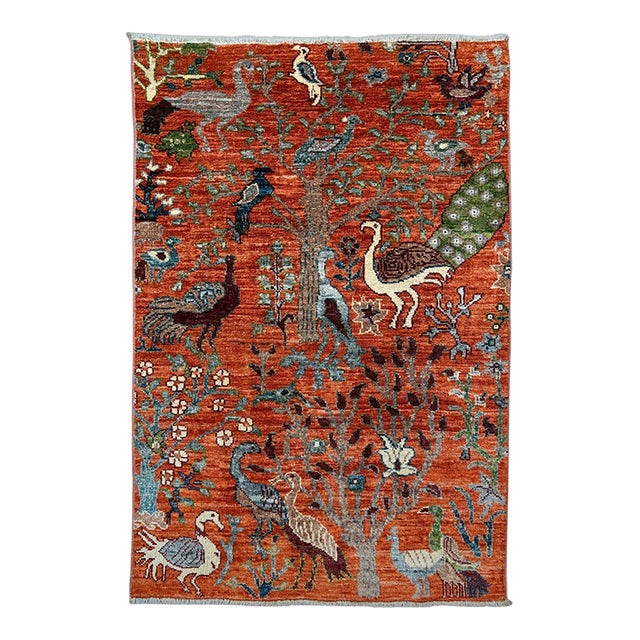 Pictorial Peacock Tree of Life Natural Dye Wool Rug, 2'9" X 4'2" For Sale