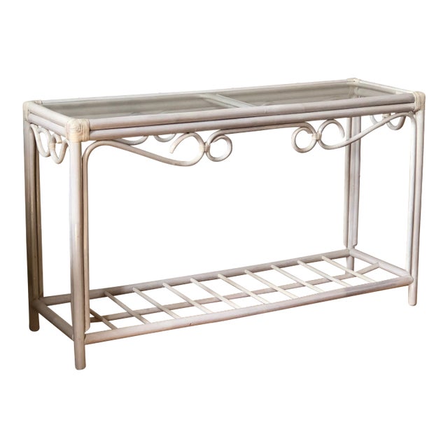 Vintage Palm Beach Regency Glass Top Rattan Console Table For Sale