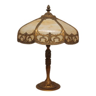 Antique Rainau Tudor Revival Bronze & Slag Glass Table Lamp, C. 1925–1935 For Sale
