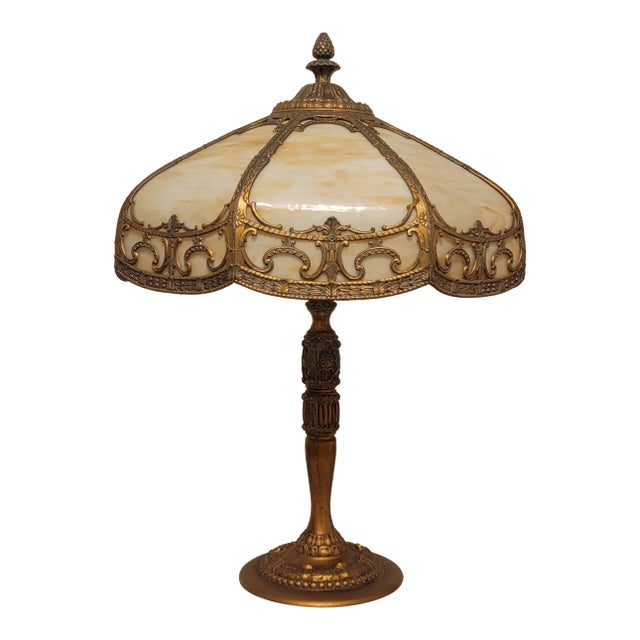 Antique Rainau Tudor Revival Bronze & Slag Glass Table Lamp, C. 1925–1935 For Sale