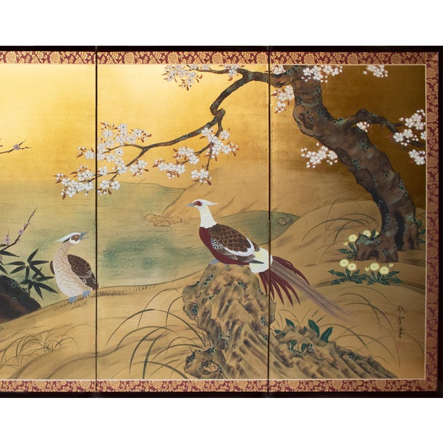 2000 - 2009 "Cherry Blossoms and Golden Birds" by Ransetsu, Heisei Era Japanese Byobu Screen For Sale - Image 5 of 18