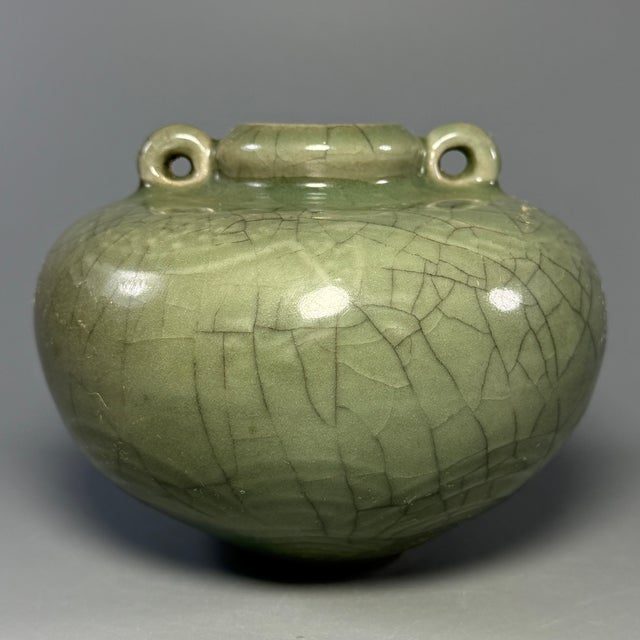 Chinese Antique Chinese Celadon Two‑Handle Globular Jar, Collectible Antique For Sale - Image 3 of 5