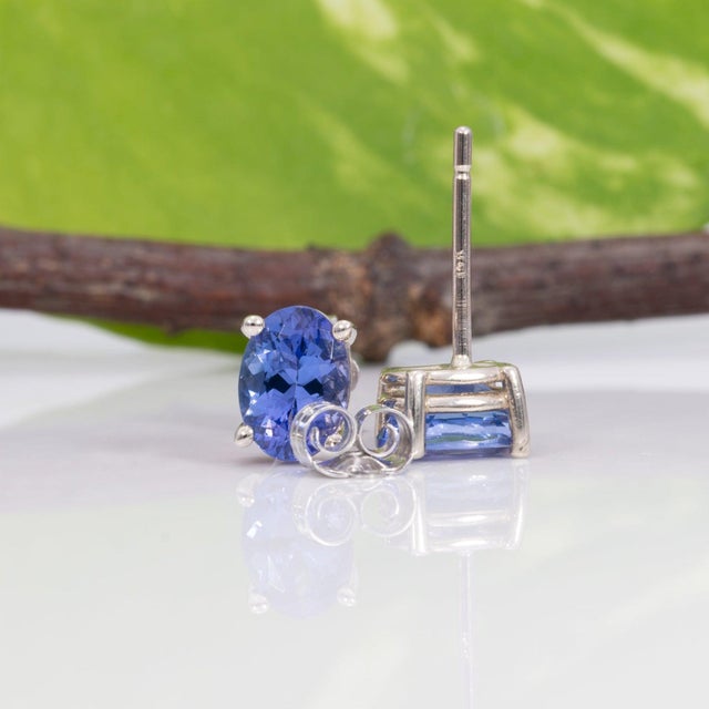 Metal Natural Tanzanite Stud Earrings, Aaa Oval 7x5mm, Solid 14k Gold Studs, Pair For Sale - Image 7 of 8