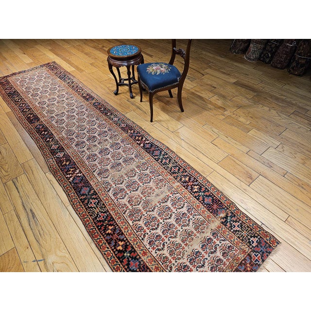 19th Century Persian Bidjar Runner, Hand-Knotted Wool, Allover Paisley Pattern, Ivory & Navy, 3x13 For Sale - Image 4 of 14