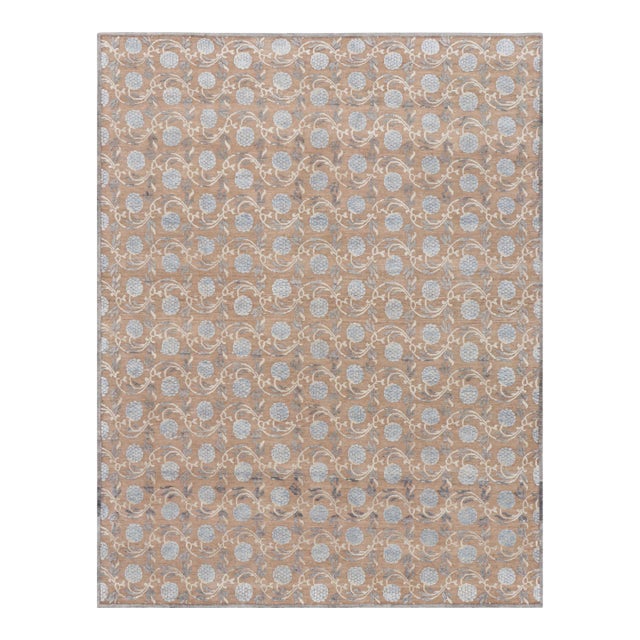 Rug & Kilim’s Oversized Block Print Rug in Brown and Blue with Floral Patterns - 13x19 For Sale